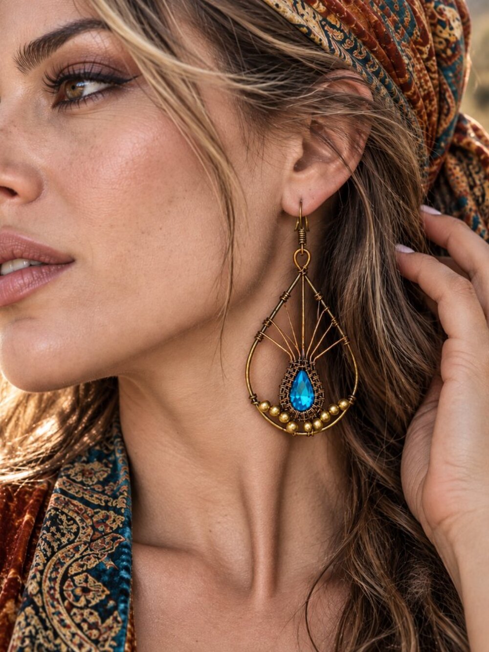 Blue Topaz Copper Wire Wrapped Teardrop Earrings Brass Beads Boho Large 3.35"